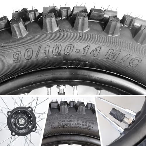 3.00-14 90/100-14 Dirt Bike Rear Rim Wheel Tire With 15mm Bearing for 125cc 140cc 150cc 160cc Kayo TT140 TTR125 RM80 RM85 KLX140R DB17 DB27 X-Motos Apollo RFZ DB-X18 SSR SR150 Baja Pit Bike