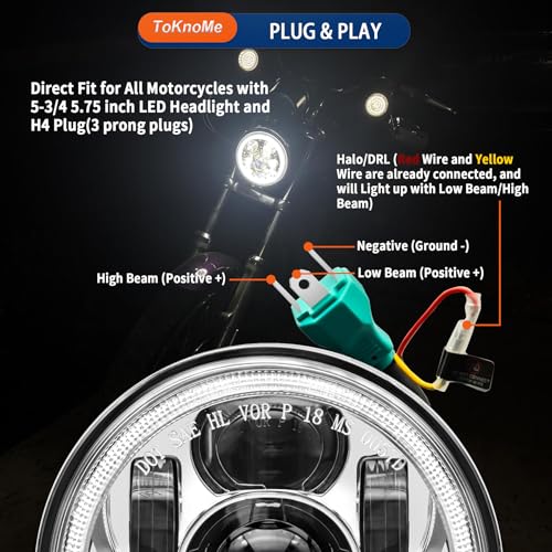 5-3/4 5.75 inch LED Headlight Halo DRL Compatible with Harley Davidson Dyna Sportster Iron 883 1200 Low Rider XLH883 Super Glide Softail Custom XLH1200 Forty-Eight SuperLow(Chrome) - color: Chrome Halo