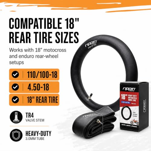 Rippin Moto 110/100-18 (4.50 x 18) Heavy Duty Motorycle Inner Tube 3mm Thick - 100% Natural Rubber - TR4 Valve - Fits 18" (4.50-18) Motocross & Enduro Tires - size: 110/100-18 (4.5 x 18)