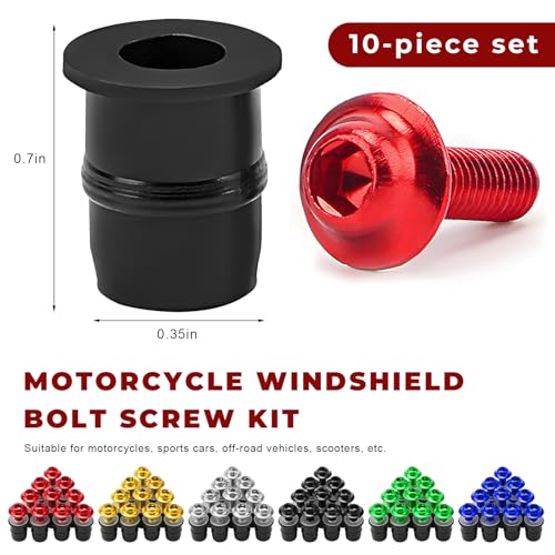 10 PCS Motorcycle Windshield Bolts Screws Kit, Aluminum Alloy Motorbike Fairing Screws Bolts Nuts with Wrench, Universal Mounting Fasteners for Motorcycle Windscreen Body Panels (Red) - color: Red