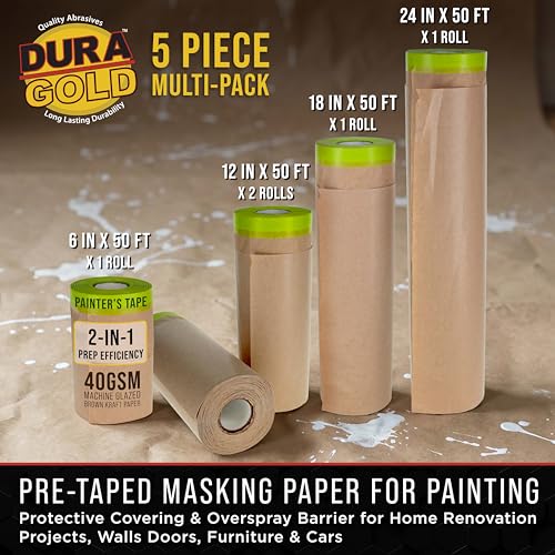 Dura-Gold Pre-Taped Masking Paper for Painting (Variety Pack 6", 12", 18", - size: Assorted (6-in,12-in, 18-in, 24-in) (Pack of 4)