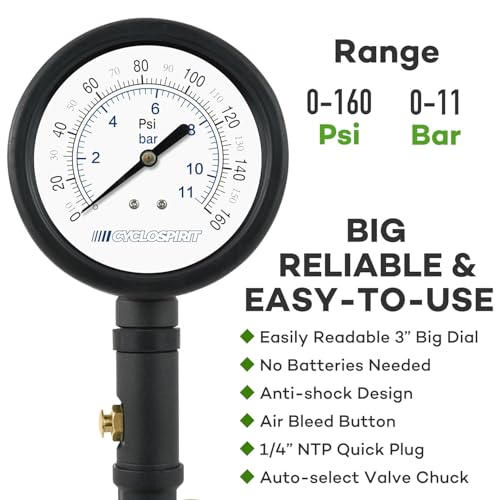 CycloSpirit Universal Bicycle Tire Inflator Gauge with Auto-Select Valve Type - Presta and Schrader Air Compressor Tool (Dial 3" Oversized) - size: Dial 3"