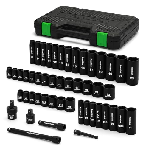 TecoTek 3/8" Drive Impact Socket Set, 49-Piece SAE (5/16"-3/4") and Metric (8mm-22mm), 6 Point, Cr-V, Extension Bars, 1/2" F to 3/8" M Reducer, Universal Joint and Power Drill Adapter - style: 3/8" Drive 49pcs Impact Socket Set