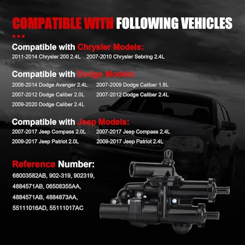 Thermostat Housing Assembly W/Sensor 68003582AB - Compatible with Dodge, Jeep - Journey 09-20, Avenger 09-14, Compass Patriot 07-17, Caliber, Sebring, 200 - DOHC 4Cyl 2.4L 2.0L - size: Plastic 902-319