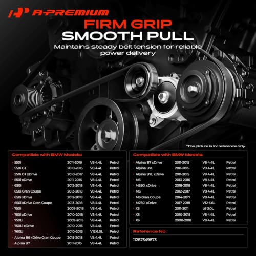 A-Premium BMW 550i GT x650i x750i 750Li xAlpina B7 xM5 M550i xM6 Gran Coupe X5 X6과 호환되는 풀리가 있는 벨트 텐셔너 어셈블리, 교체 # 11287549873