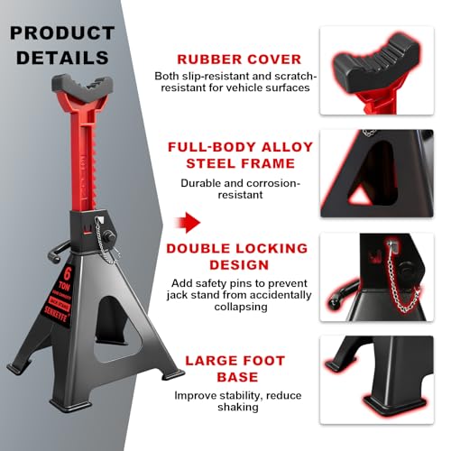 6 Ton (13,200 LBs) Jack Stands with Double Pin Locking,Rubber Cover and Large Foot Base,15"-23" Adjustable Height,Heavy Duty Car Jack Stands,Lifting Bus,RV,SUV,MPV,Pickup Truck,ATV/UTV,1 Pair - color: red-standard, size: 6ton Load Capacity