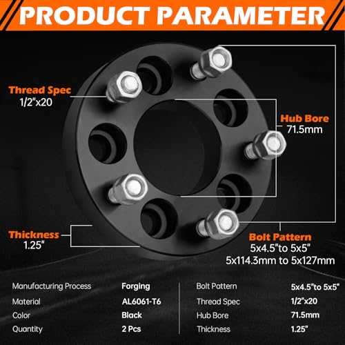 GAHA 5x4.5 to 5x5 Wheel Adapters 71.5mm 1/2"-20 Fit for Jeep Liberty 02-12 - color: 5x5inch-71.5mm-2PCS