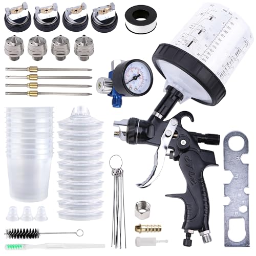 HVLP Spray Gun Kit, 4 Nozzles,10 Disposable Paint Cup System,Black - color: black