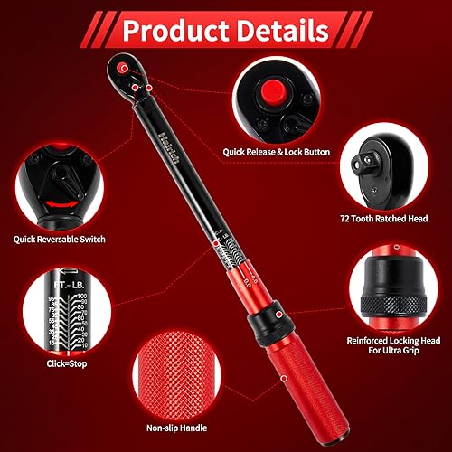 Hairich 3/8-Inch Torque Wrench, Dual-direction Torque Wrenches 10-100ft.lb/13.6-135.6Nm, 72-Tooth Dual Range Scales Torque Wrench with Quick Release Reversible Head - size: 3/8" 10-100 FT.LB