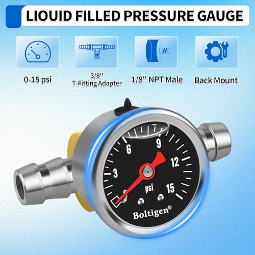 Boltigen Fuel Pressure Gauge, 1/8'' NPT Inline Fuel Pressure Guage Kit with 3/8'' Barb, Stainless Steel, 0-15Psi Glycerin Filled, Center Back Mount (Black) - color: Black