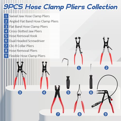 9PCS Hose Clamp Pliers Set, Hose Clamp Removal Tool for Automotive