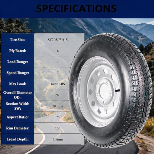 MAXSA ST205/75D15 2-Pack Trailer Tires with White Steel Rims, 6 Ply Load Range C, 5 Lug Bias Heavy Duty Trailer Wheel, All-Weather Pre-Mounted Tire for Utility Boat Camper Cargo Trailers