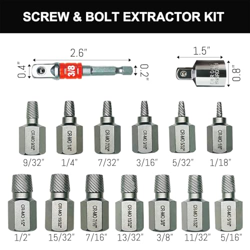 15PCS CR-MO Screw Extractor Set – 3/8" Hex Drive Multi-Spline Easy-Out Kit for Broken, Stripped, Rounded Screws/Bolts, Broken Bolt Remover,Includes Adapter & Blow-Molded Case (1/8"-1/2") - color: 15pcs-screw Extractor