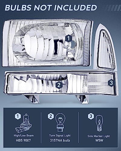 Nilight Headlight Assembly 1999 2000 2001 2002 2003 2004 F250 F350 F450 F550 Super Duty,Headlights Assembly Replacement,Chrome Housing Clear Corner Clear Lens,4 Pack - color: Chrome Housing + Clear Reflector, size: 1999-2004 F250-F550