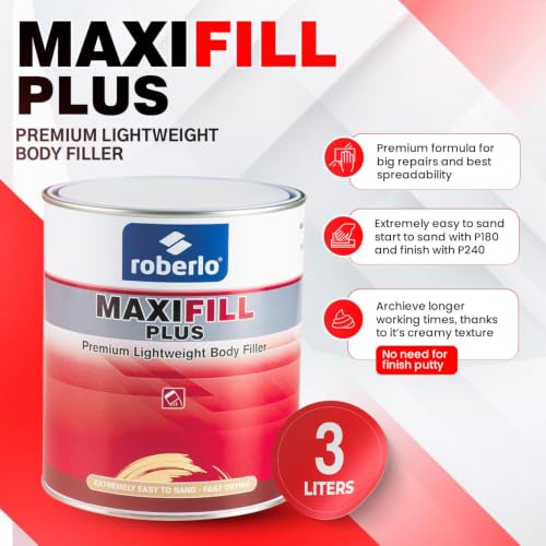 Roberlo Maxifill Plus Lightweight Body Filler with Hardener - Easy Sanding Auto Body Filler for Medium to Large Repairs - High Spreadability for Steel, Aluminum, Galvanized Metal & Fiberglass - 3L - size: 3 Liter (Pack of 1)