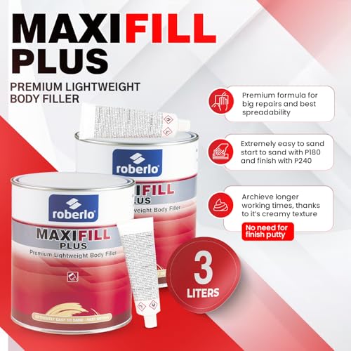 Roberlo Maxifill Plus Lightweight Body Filler with Hardener - Paintable Auto Body Filler for Car Repair, Easy Sanding, Adheres to Metal, Fiberglass & Plastic - Pack of 2 x 3L - size: 3 Liter (Pack of 2)