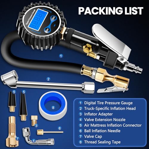 Digital Tire Gauge with Inflator & Deflator - LED Display & 0.1 PSI Resolution - Quick Release Valve & Heavy Duty Chuck - w/Adapter for Car, Truck, SUV, Motorcycle, RV, Balls - size: Upgraded