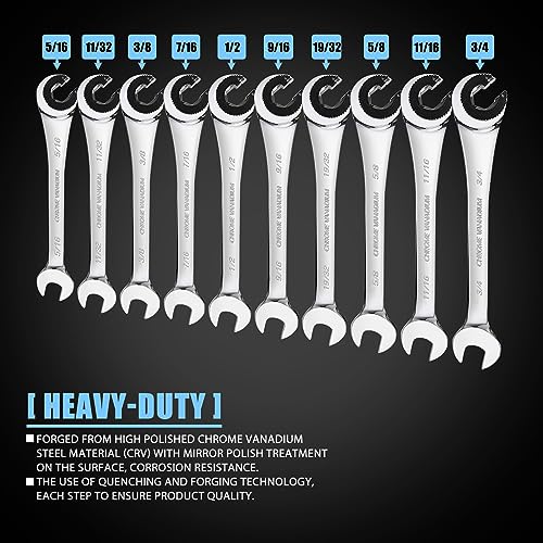 LOSCHEN 10 pcs SAE Ratcheting Wrench Combination Wrench Set 10 Pcs/Set with 72 Teeth, Chrome Vanadium Steel Tubing Ratchet Spanner(US and European Patents) - size: SAE set/10pcs