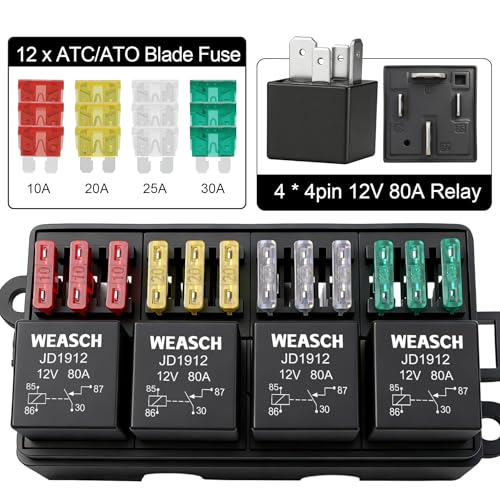 12V 12 Way Fuse Relay Box, 4x4-Pin 80Amp Relays and 12 ATC/ATO Blade Fuses, for Cars Truck Jeep - size: 80A 4 Relay 12 Fuses, style: Box
