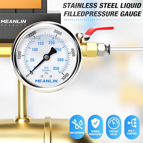 MEANLIN MEASURE 0~5000Psi Stainless Steel 1/4" NPT 2.5" FACE DIAL Liquid Filled Pressure Gauge WOG Water Oil Air Center Back Mount, with 1/2" NPT and 3/8" NPT Hex Bushing - size: 0-5000Psi