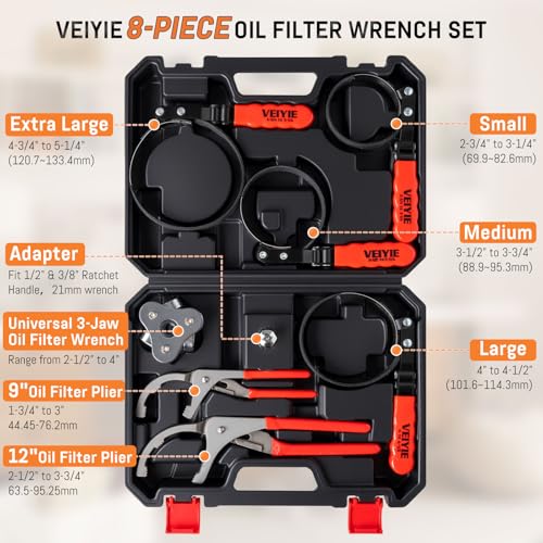 8-Piece Oil Filter Wrench Set, Oil Filter Removal Tool Cover 2-3/4" to 5-1/4", 9" & 12" Adjustable Oil Filter Pliers, Universal 3-Jaw Fuel Filter Wrench & Adapter for Car, Truck, Motorcycle
