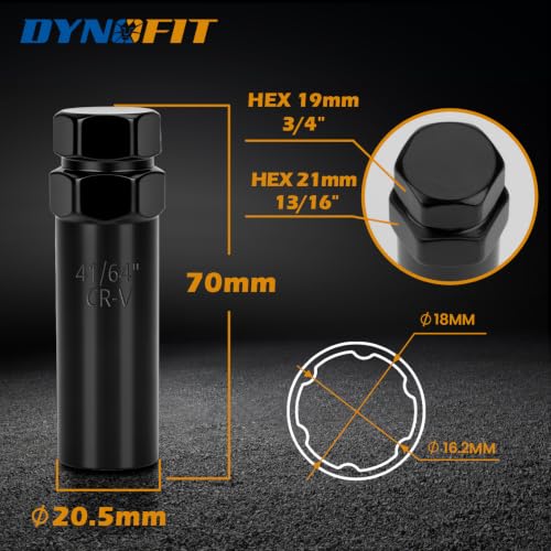 Dynofit 6 Spline Tuner Lug Nuts Key,with 19mm and 21mm Hex,for 1/2" M12 Nut - color: Black, size: 6 Spline with Hex 3/4" and 13/16"