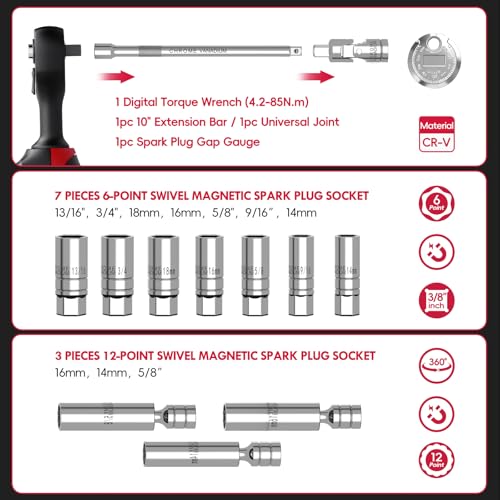 14-Piece 3/8" Digital Torque Wrench Spark Plug Socket Set - size: 3/8" 14pcs-Spark 4.2-85N.m/3-62.6Ft.lb