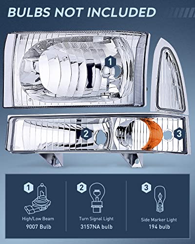 Nilight 1999 2000 2001 2002 2003 2004 F250 F350 F450 F550 Super Duty Headlight Assembly,Chrome Housing Amber Corner Clear Lens,Headlights Replacement,Driver and Passenger Side - color: Chrome Housing + Amber Reflector, size: 1999-2004 F250-F550