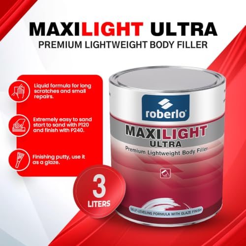 Roberlo Maxilight Ultra Body Filler Kit – Advanced Scratch, Dent & Rust Repair – Lightweight Car Putty for Steel, Aluminum, Fiberglass – Versatile Auto Body Filler for Seamless Finishing - size: 3 Liter (Pack of 1)