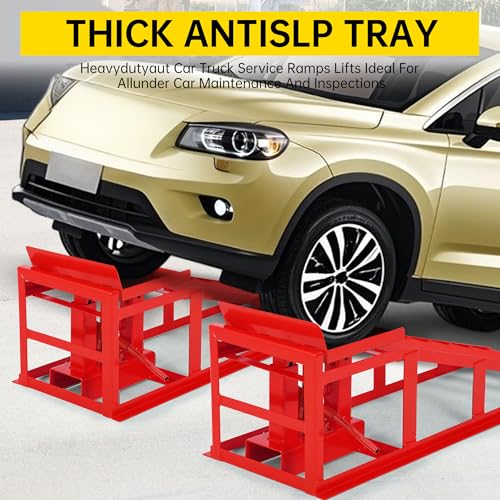 Car Ramps 12,000lbs Capacity – Heavy Duty Low Profile Steel Lift Ramps (2 Pack) with Adjustable Height 9.5" to 18" for Trucks, Trailers, SUVs & Garage Vehicle Repairs-Red