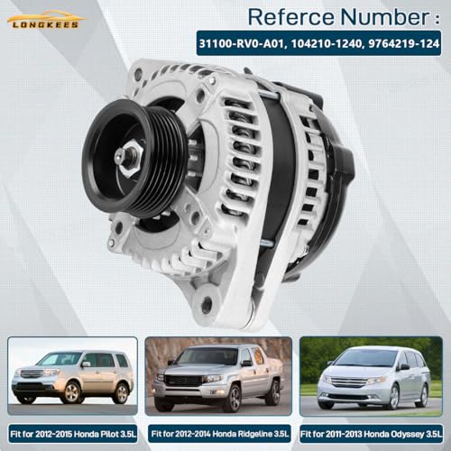 12V 130A Alternator, FIT 2011-2013 Honda Odyssey, FIT 2012-2015 Pilot, FIT 2012-2014 Ridgeline 3.5L V6, 6-Groove Pulley, Replaces OE# 31100-RV0-A01, 104210-1240, 11573