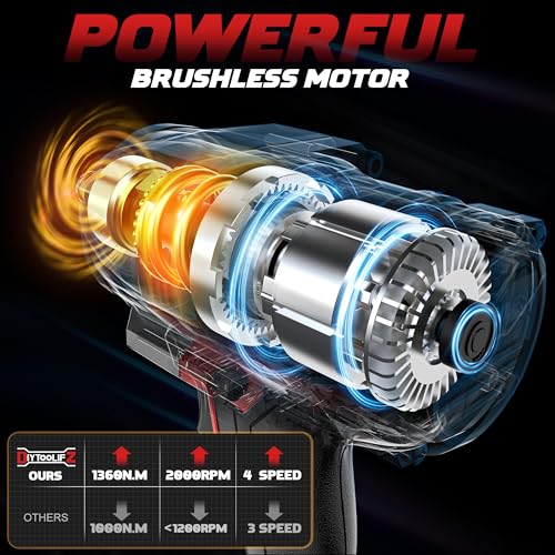DIYtoolifz Cordless Impact Wrench 1/2" Compatible with Milwaukee 18V Battery, 1000Ft-lbs(1360N.m) High Torque Impact Driver, Electric Impact Gun with 4-Mode Speed, LED Work Light for Car(Bare Tool) - color: Red