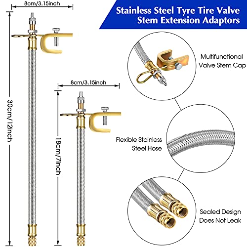 Hotop 4 Pieces Valve Stem Extension Stainless Steel Braided Extenders, 6 Pieces 45 90 135 Degree Brass Extenders for Cars Trucks Motorhome Trailer Rv Trailer Vehicle(7 Inch, 12 Inch,Silver) - size: 7 Inch, 12 Inch