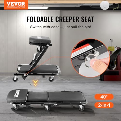 VEVOR Foldable Z Garage Creeper, 40 in, 450 lbs Load Capacity Rolling Folding Mechanic Creeper Stool, with 6 Universal Wheels Padded Seat Steel Frame, Lay Down or Sit Chair for Garage Shop or Home - color: Black, size: 40 inch-2 in 1