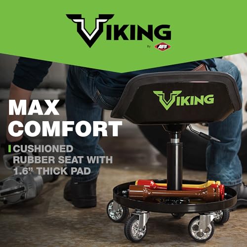 AFF Viking Rolling Shop Stool - Garage Stool on Wheels for Mechanics - Ergonomic Padded Seat - Tool Organizer Tray - 300 lbs Capacity (Multiple Styles) - style: Tractor Style Roller Seat