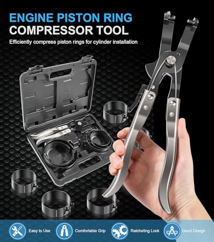 Piston Ring Compressor Tool Set 940387 with Compression Plier and 6 Piston Rings from 2-7/8" to 4-3/8", Used for Car Engine, Vehicle Maintenance Clamps, Ratchet Pliers, Storage Case
