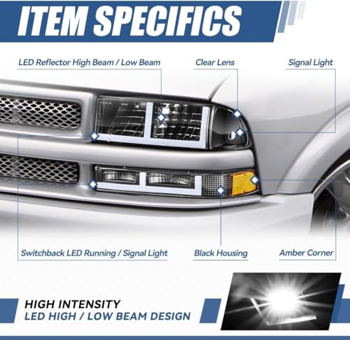 Auto Dynasty LED DRL Headlights Assembly Compatible with 1998-2004 Chevy Blazer S10, 4Pcs Headlamps wIth Bumper Lamps, F Style LED Switchback DRL, Black Housing Amber Corner - color: Black / Amber, size: F-Style LED DRL