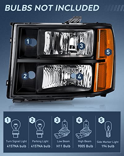 Nilight Headlight Assembly for 2007-2014 GMC Sierra 1500 2500 3500 HD - Black Housing, Amber Corner, Clear Lens - Replacement Headlights - color: Black Housing + Amber Reflector
