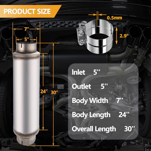5 Inch Exhaust Muffler with Clamp, 5" Inlet/Outlet 30" Overall Length Resonator, Stainless Steel Straight Through Design Performance Muffler with Clamp, 1 PC - size: 5'' inlet, 7'' body width