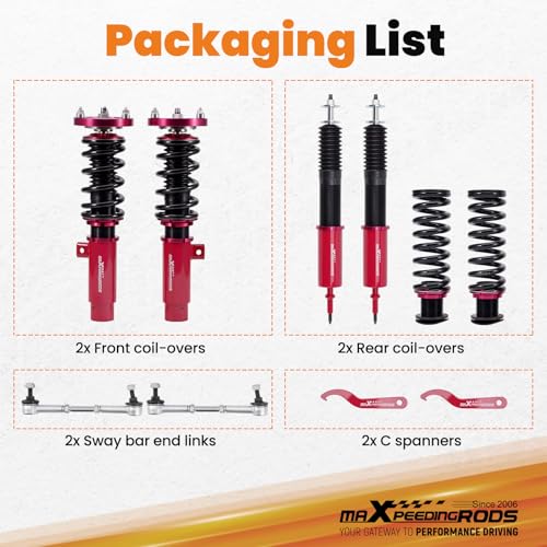 maXpeedingrods Coilovers for BMW 3 Series E90 RWD 2004-2011, for BMW E91 RWD 2004-2012, for BMW E92 RWD 2005-2013, for BMW E93 RWD 2006-2013, Height Adjustable Coilover Suspension Lowering Kit Red
