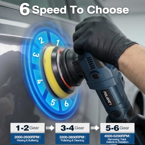 Buffer Polisher, 15mm Dual Action Random Orbital Polisher, 5 Inch/6 Inch Car Detailing Kit, 6 Variable Speed 2000-5200 RPM – Professional Car Buffer for Trucks and SUVs - color: Dark Blue