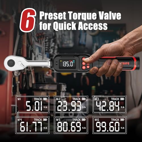 VANPO Digital Torque Wrench, 3/8", 5–99.6 ft-lb, Short Handle - size: 3/8-inch 5-99.6 Ft-lb/6.8-135 Nm (Regular)