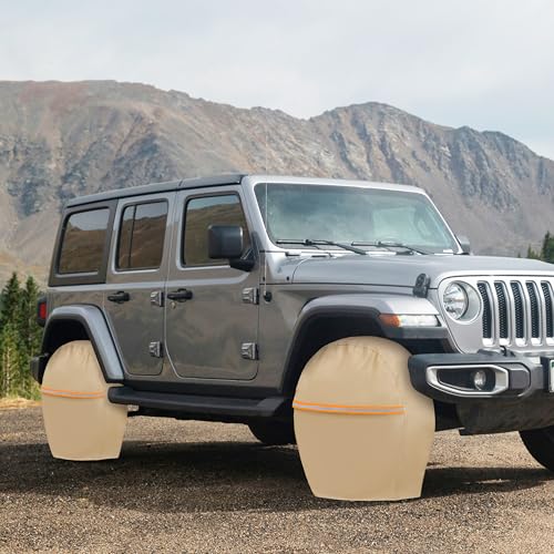 Tire Covers 4 Pack,Tough Tire Wheel Protector for Jeep, Camper, SUV, Travel Trailer,RV, Truck,Universal Outdoor Waterproof Anti-UV Snow Sun Rain Set Fits Tire Diameters 27-29 Inches - size: M