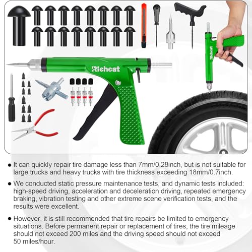 Richcat Tubeless Tire Puncture Repair Kit with Mushroom Plug, Repairs punctures and Flat Tires for Motorcycles, Cars, Trucks, ATVs,Gun Puncture Repair Kit - size: 35Plugs Kit