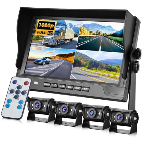 4 Channel 9 inch IPS Backup Camera System with Monitor for Tracks, RVs, Tractors, Bus, CementTruck, HD 1080P Wired Reverse Camera Waterproof Night Vision 4 Cameras Support Recording, Plug and Play