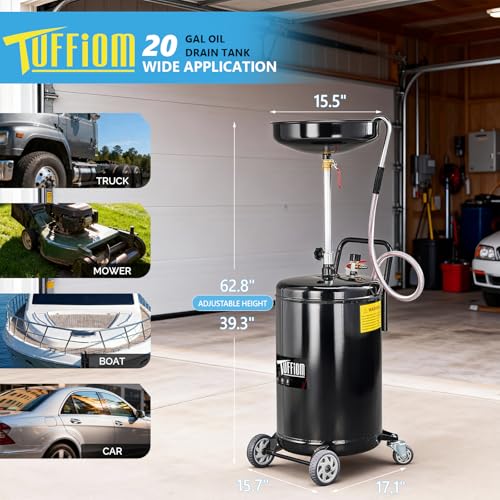 TUFFIOM 바퀴 및 손잡이가 있는 75.7L(20갤런) 폐유 배수 탱크, 조절 가능한 깔때기 높이 공기 작동 오일 배수구, 자동차 유체, 차고용 대용량 누출 방지 오일 배수 용기, 블랙 - color: 블랙.