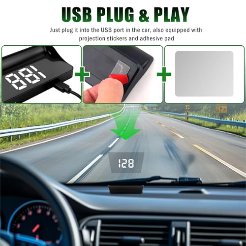 GPS Heads up Display for Cars with HD Large Font,USB Plug & Play Car HUD Head up Display for Speed Displays,Universal Digital Speedometer for Car with Adjustable Brightness (White) - color: White