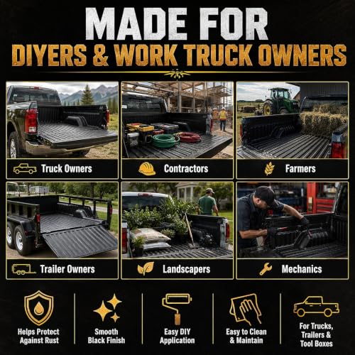 Meuvcol Truck Bed Liner Paint, 35 Oz Black Protective Coating for Pickup Beds, Tailgates, Trailers, Tool Boxes & Metal Surfaces, Brush-On or Roll-On Application with Brush, Gloves & Sandpaper