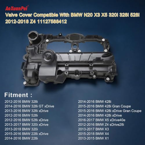 Replace 11127588412 N20 Engine Valve Cover with Gasket Bolts Oil Cap for BMW 2012-2018 528i 528i xDrive 328i 328i GT xDrive 320i 428i X1 X3 X4 X5 Z4 2.0L