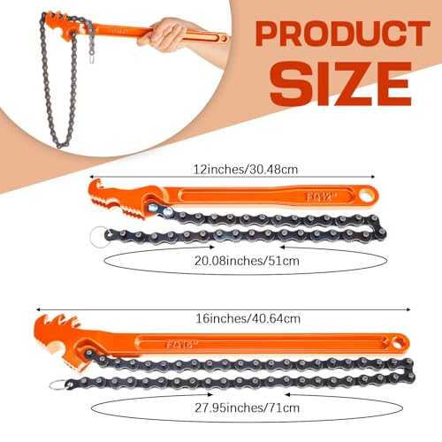 Lasnten 2 Pcs Large Chain Oil Filter Wrench with 12 Inch 16 Inch Reversible Chain Wrench Adjustable Heavy Duty Carbon Steel Sturdy Pipe Fittings Tool Spanner Multipurpose Tool for Ratcheting(Orange) - color: Orange